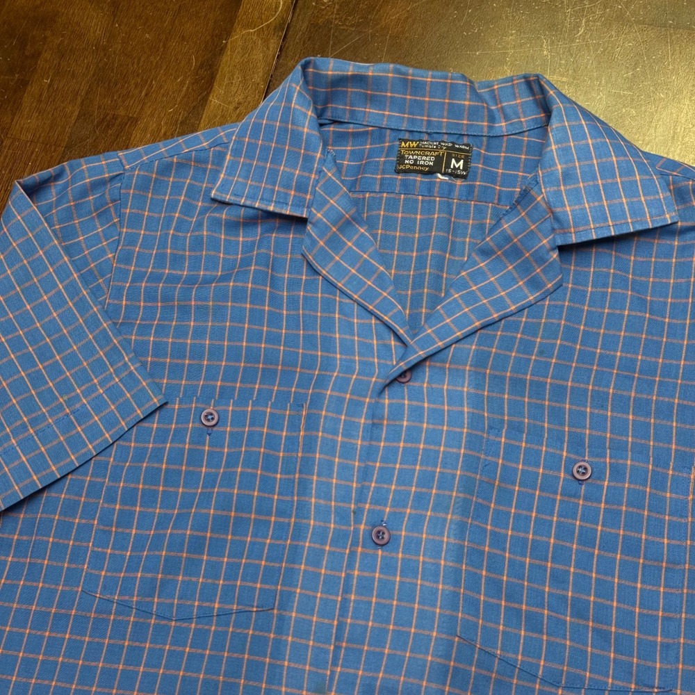 Vtg Towncraft JC Penney Button Shirt Mens M Blue Orange Grid Short Sleeve